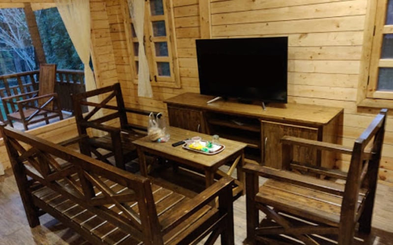 Suite living room with wooden furniture and TV